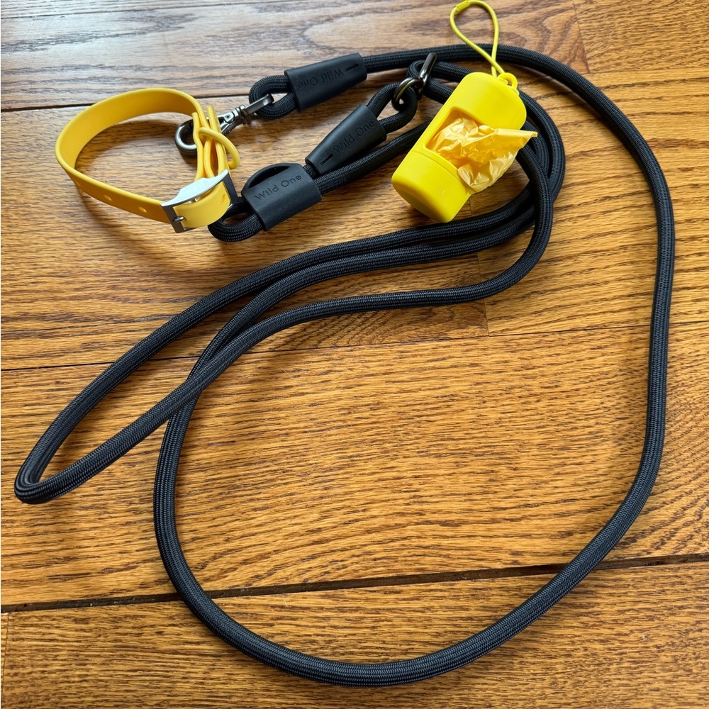 Wild one hands free black Dog leash yellow waterproof collar and poop bag holder